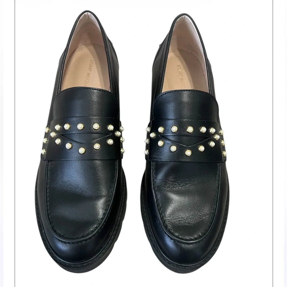 Stuart Weitzman Allpearls Black Leather Studded Lug Loafer | Classic Slip On - Picture 2 of 7